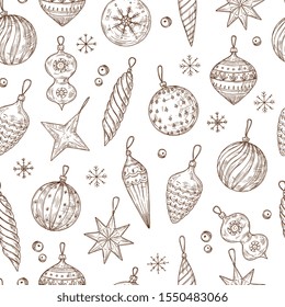 Christmas balls seamless pattern. Xmas tree decorations and snowflakes. Winter holidays, new year vector hand drawn textile texture