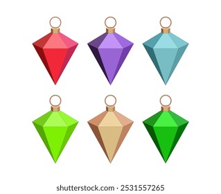 Christmas balls set or collection. Six balls. Triangle abstract shape. Realistic decorations. Vector illustration. Red, violet, blue and green and beige colors. Isolated on white background.