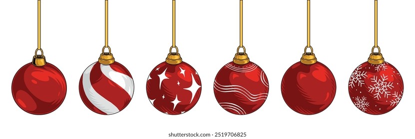 Christmas balls set elements colorful with red balls decorated with beautiful patterns for xmas fir vector illustration