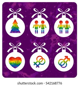 Christmas balls set with gay couple symbols isolated on purple background. Xmas illustration. Gay pride signs. LGBT couples. Design elements for flyers or banners.