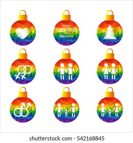 Christmas balls set with gay symbols isolated on white background. Xmas illustration. Gay pride signs. LGBT couples. Design elements for flyers or banners.