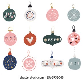 Christmas balls. Set of hand drawn christmas baubles. Doodles and sketches vector illustration.  Decoration isolated elements. modern hand drawn baubles. Scandinavian style.