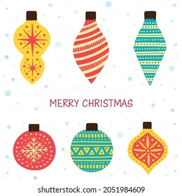 Christmas balls set. Hand drawn Christmas tree decorations with festive ornaments. Colorful design elements for new year and Christmas design