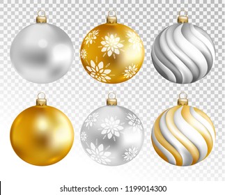 Christmas balls set isolated on transparent background. Holiday christmas toy for fir tree. Vector illustration.