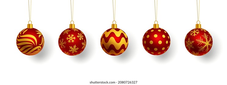Christmas balls set, isolated on white background vector illustration. New Year postcard design, greeting card and banner. Xmas glass ball.