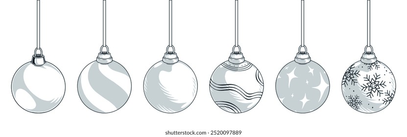Christmas balls set labels monochrome with glass toys with beautiful patterns for interior design of new years home vector illustration