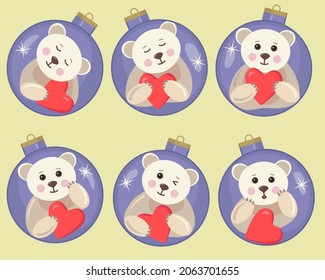 Christmas balls set line. Cute cartoon teddy bears and red heart.  Holiday decorations.Happy new year vector illustration.