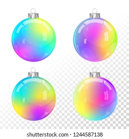 Christmas balls set. New Year decorations collection. Glass ball. Winter holidays. Holographic baubles. Xmas vector. Holography. Christmas tree ball. Bauble. Holographic colors. New Year tree toys.