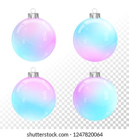 Christmas balls set. New Year decorations collection. Christmas tree. Glass ball. Winter holidays. Holographic baubles. Xmas vector. Holography. New Year tree toys. Blue.