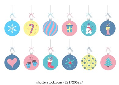 Christmas balls set. New Year baubles with different patterns. Christmas holidays decoration. 