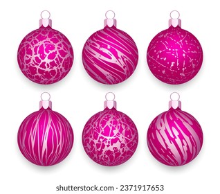Christmas balls. Set of pink Christmas balls with abstract pattern isolated on white background.