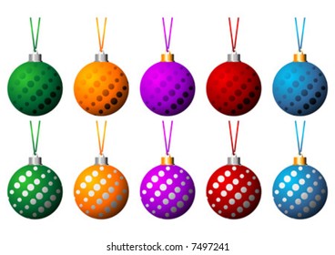 Christmas balls set with ribbons in different colors isolated over white background