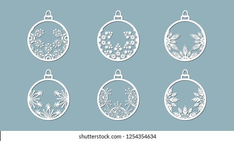 Weihnachtsbälle mit einem Schneeflocken aus Papier. Vorlagen für Laserschneiden, Plotterschneiden oder Drucken. Festlicher Hintergrund