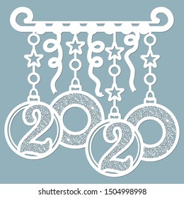 Christmas balls set with a snowflake cut out of paper. Templates for laser cutting, plotter cutting or printing. Festive background. 2020