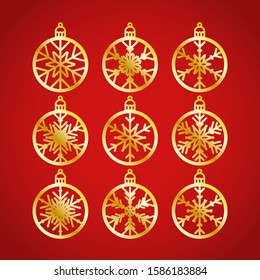 Christmas balls set with a snowflake cut out of paper. Templates for laser or plotter cutting or printing. Laser cutting template. Vector illustration for wood carving, paper cut or printing