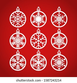 Christmas balls set with a snowflake cut out of paper. Templates for laser or plotter cutting or printing. Laser cutting template. Vector illustration for wood carving, paper cut or printing
