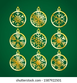 Christmas balls set with a snowflake cut out of paper. Templates for laser or plotter cutting or printing. Laser cutting template. Vector illustration for wood carving, paper cut or printing