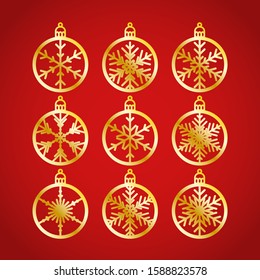 Christmas balls set with a snowflake cut out of paper. Templates for laser or plotter cutting or printing. Laser cutting template. Vector illustration for wood carving, paper cut or printing