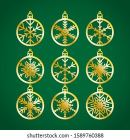 Christmas balls set with a snowflake cut out of paper. Templates for laser or plotter cutting or printing. Laser cutting template. Vector illustration for wood carving, paper cut or printing