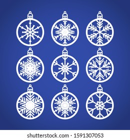 Christmas balls set with a snowflake cut out of paper. Templates for laser or plotter cutting or printing. Laser cutting template. Vector illustration for wood carving, paper cut or printing