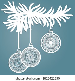 Christmas balls set with a snowflake cut out of paper. Templates for laser cutting, plotter cutting or printing. Festive background.