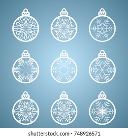 Christmas balls set with a snowflake cut out of paper. Templates for laser cutting, plotter cutting or printing. Festive background. Vector illustration