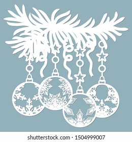 Christmas balls set with a snowflake Hanging on the tree cut out of paper. Templates for laser cutting, plotter cutting or printing. Festive background.