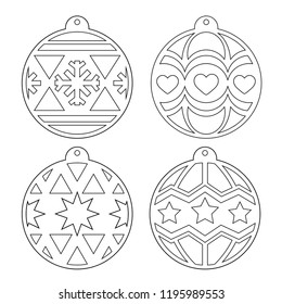 Christmas balls. A set of stencils for cutting. Decorating the Christmas tree for laser cutting, plotting cutting, printing. Vector outline image on a white background.