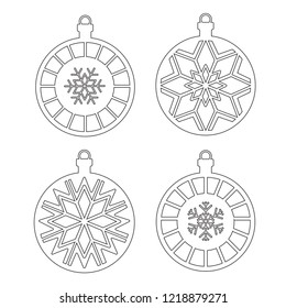 Christmas balls. A set of stencils for cutting. Decorating the Christmas tree for laser cutting, plotting cutting, printing. Vector outline image on a white background.