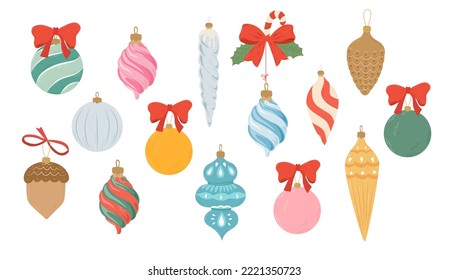 Christmas balls set. Christmas tree decoration. Collection of different cute balls.