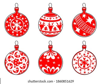 Christmas balls set. Christmas tree decorations in doodle style. Christmas decorative ornaments. Vector illustration.