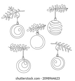 Christmas balls set,one line art,continuous contour.Hand drawn decoration,new year toy,festive element.For New Year holiday cards,coloring book, posters,banners,calendars,print.Editable stroke