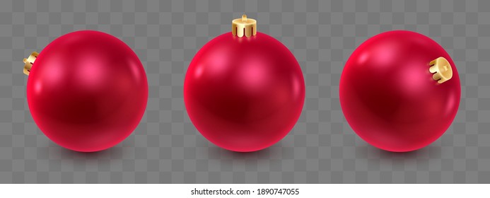 Christmas balls with shadow and reflex on transparent background. Happy New Year card, design for flyer, poster, decor, banner, web, advertising. Vector illustration. 