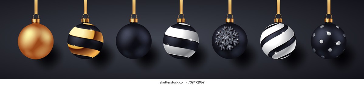 Christmas Balls with Shadows on dark background. Vector illustration