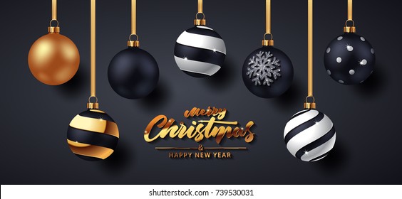 Christmas Balls with Shadows on dark background. Vector illustration