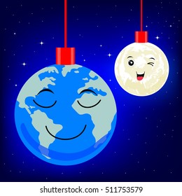Christmas balls shaped as globe and moon. cute Christmas ornaments illustration.