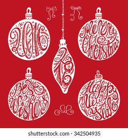 Christmas balls shapes with lettering.New year 2016.Card elements,typography set. Handwriting title ,decoration,bow.Vintage vector,isolated  on red background.Best wishes.
