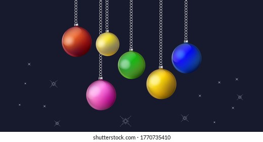 Christmas balls, shiny, multi-colored - dark blue background - vector. Banner. Christmas decoration. Winter holidays svg