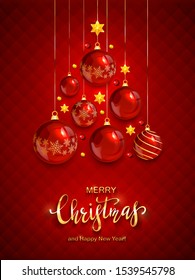 Christmas balls and shiny stars on red background. Illustration with golden lettering Merry Christmas can be used for holiday design, cards, invitations, posters, postcards and banners.