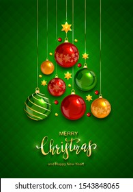 Christmas balls and shiny stars on green background. Illustration with golden lettering Merry Christmas can be used for holiday design, cards, invitations, posters, postcards and banners.