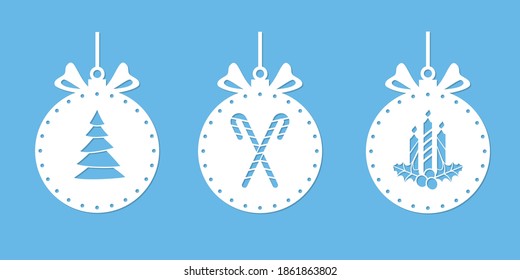 Christmas balls with a silhouette for cutting. Christmas ornament stencil. Xmas tree drawing, candy cane, candles and holly. Ball with a bow. Window decoration, craft, laser carving from wood. Vector