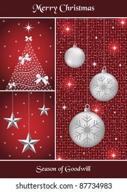 Christmas balls in silver with snowflakes, xmas tree and hanging stars on a dark red themed background. Raster also available.