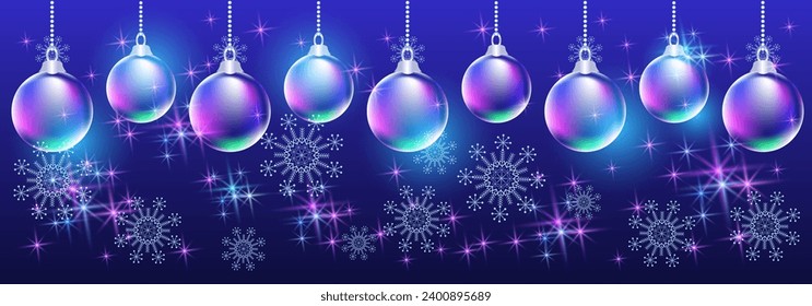 Christmas balls with snowflake and fireworks. Fantasy holiday banner. New Year card.