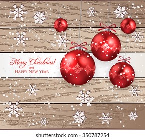  Christmas balls and snowflakes against grunge wooden background-Winter holidays  background