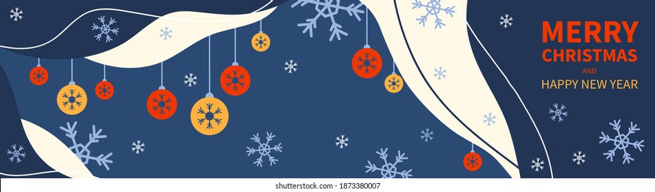 Christmas balls, snowflakes and greeting text. Horizontal Christmas banner, headers, sites. Flat modern design. Vector illustration