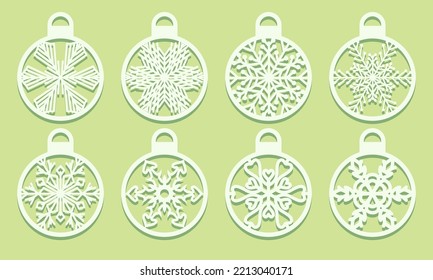Christmas balls with Snowflakes laser cutting. Set cut out of paper. Sample Templates. Xmas tree decoration for party laser or plotter cut printing serigraphy or wood carving Vector illustration