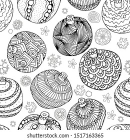 Christmas balls and snowflakes. New year seamless pattern. Hand-drawn decorative elements in vector.  Coloring book page. Black and white.  Zentangle