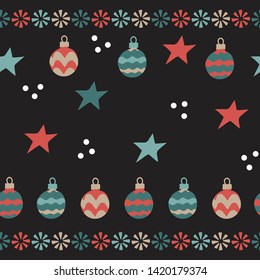 Christmas balls, snowflakes . Seamless pattern on dark background. Hand drawn Vector illustrations