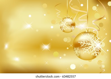 Christmas balls with snowflakes, stars and waves on gold background