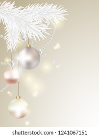 Christmas balls. Snowflakes. Vector illustration. White. Silver. Christmas tree. Branch.